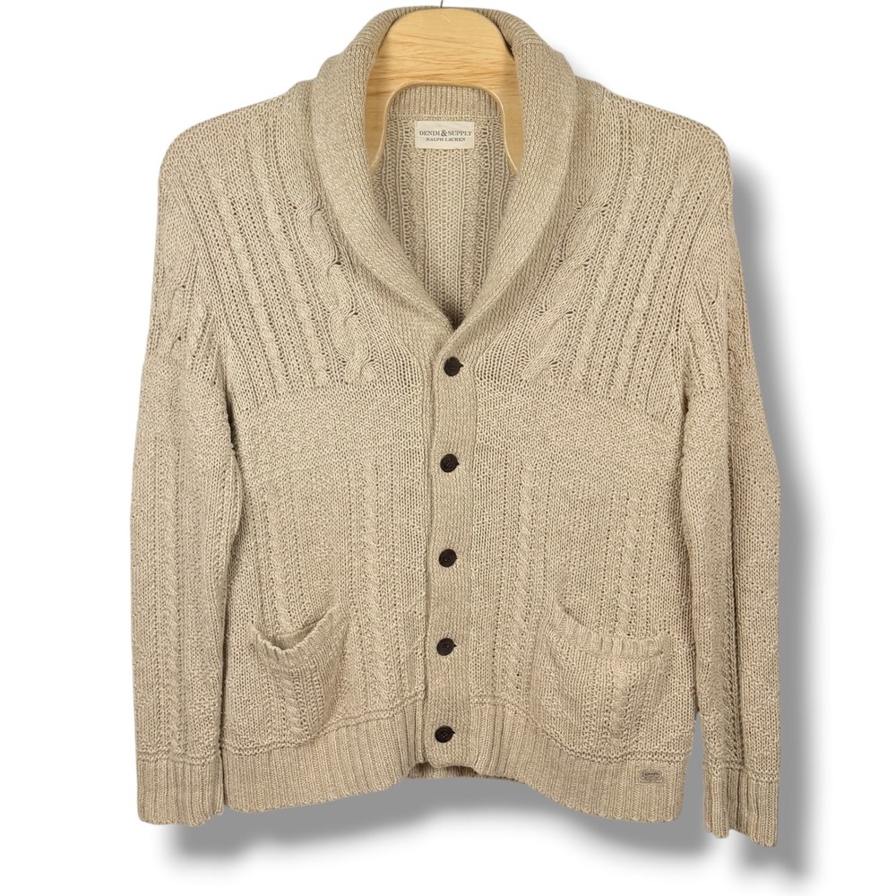 Denim & Supply Ralph Lauren Cardigan Mens XXL Tan Shawl Cable Knit Cotton Linen